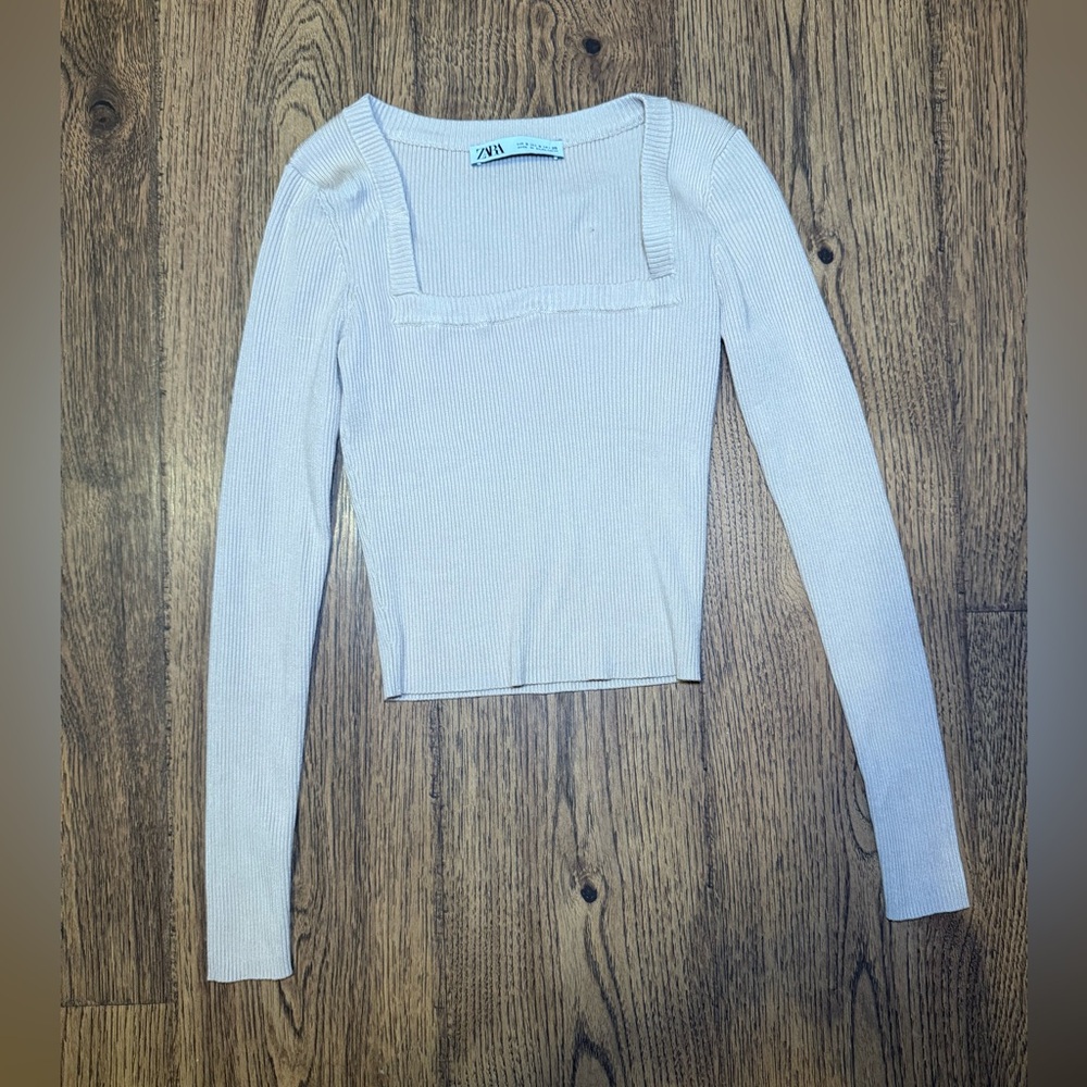 Zara Tan Square Neck Long Sleeve Crop Top